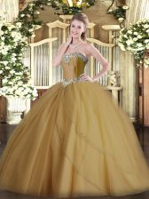  Champagne Tulle Lace Up Sweetheart Sleeveless Sweet 16 Dress Brush Train Beading