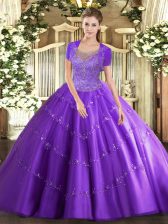  Lavender Tulle Clasp Handle Scoop Sleeveless Floor Length 15th Birthday Dress Beading and Appliques
