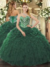  Sleeveless Floor Length Beading and Ruffled Layers Lace Up Quinceanera Gowns with Dark Green