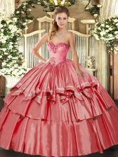 New Arrival Coral Red Sleeveless Floor Length Beading and Ruffled Layers Lace Up Quinceanera Dress