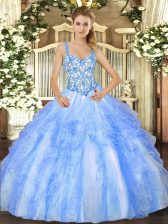 Flirting Organza Straps Sleeveless Lace Up Beading and Ruffles Sweet 16 Quinceanera Dress in Blue And White