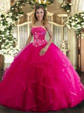 Fantastic Strapless Sleeveless Tulle Quinceanera Gown Beading and Ruffles Lace Up