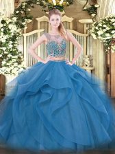 Modern Blue Sleeveless Tulle Lace Up Quinceanera Dresses for Military Ball and Sweet 16 and Quinceanera