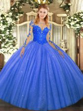  Blue Scoop Neckline Lace Sweet 16 Quinceanera Dress Long Sleeves Lace Up