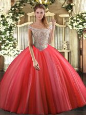  Floor Length Ball Gowns Sleeveless Coral Red Ball Gown Prom Dress Lace Up