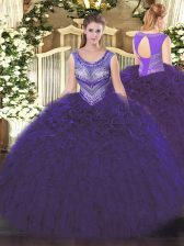  Scoop Sleeveless Quinceanera Dress Floor Length Beading and Ruffles Purple Organza