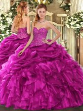  Fuchsia Sleeveless Beading and Ruffles and Pick Ups Floor Length Quinceanera Dress