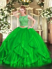  Green Sleeveless Floor Length Beading and Ruffles Lace Up Quince Ball Gowns