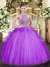 Floor Length Lavender Quinceanera Dress Tulle Sleeveless Beading and Ruffles