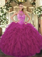  Halter Top Sleeveless Organza 15 Quinceanera Dress Beading and Embroidery and Ruffles Lace Up
