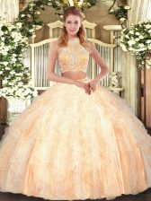 Shining Peach Sweet 16 Dress Military Ball and Sweet 16 and Quinceanera with Beading and Ruffles Halter Top Sleeveless Criss Cross