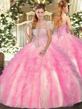  Rose Pink Strapless Lace Up Appliques and Ruffles 15 Quinceanera Dress Sleeveless