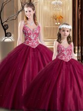 High End Wine Red Ball Gowns Tulle V-neck Sleeveless Lace Floor Length Lace Up Quince Ball Gowns
