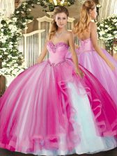  Fuchsia Tulle Lace Up Sweetheart Sleeveless Floor Length Quinceanera Dress Beading and Ruffles