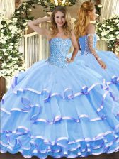  Aqua Blue Organza Lace Up Sweetheart Sleeveless Floor Length 15 Quinceanera Dress Beading and Ruffled Layers