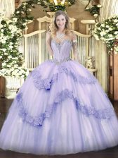  Lavender Sleeveless Floor Length Beading and Appliques Lace Up Quinceanera Gowns