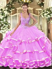  Lilac Lace Up Straps Beading and Ruffled Layers Quince Ball Gowns Organza Sleeveless
