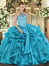 Fashionable Teal Ball Gowns Beading Sweet 16 Quinceanera Dress Lace Up Organza Sleeveless Floor Length