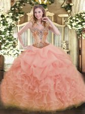  Sweetheart Sleeveless Lace Up Sweet 16 Dresses Peach Organza
