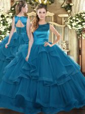  Teal Scoop Neckline Ruffles Quinceanera Gowns Sleeveless Lace Up