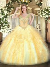  Organza V-neck Sleeveless Lace Up Beading and Ruffles Sweet 16 Dresses in Gold