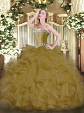Beautiful Brown Ball Gowns Sweetheart Sleeveless Organza Floor Length Lace Up Beading and Ruffles Quinceanera Gown