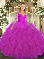  Fuchsia Tulle Lace Up Scoop Long Sleeves Floor Length Ball Gown Prom Dress Lace and Ruffles