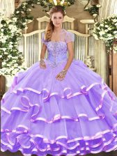  Floor Length Lace Up 15 Quinceanera Dress Lavender for Military Ball and Sweet 16 and Quinceanera with Beading and Ruffled Layers