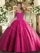 Suitable Hot Pink Sleeveless Appliques Floor Length Sweet 16 Dresses