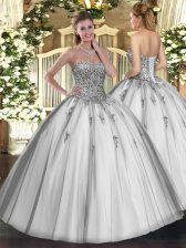  Grey Sleeveless Tulle Lace Up Quinceanera Dress for Military Ball and Sweet 16 and Quinceanera