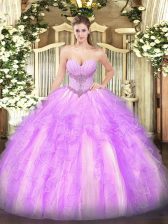 High Quality Sweetheart Sleeveless Quinceanera Gowns Floor Length Beading and Ruffles Lilac Tulle