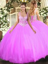 Sexy Lilac Tulle Lace Up Vestidos de Quinceanera Sleeveless Floor Length Beading
