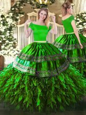 Nice Off The Shoulder Short Sleeves Organza and Taffeta Sweet 16 Dress Embroidery and Ruffles Zipper