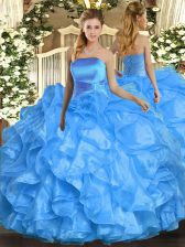  Sleeveless Floor Length Ruffles Lace Up 15th Birthday Dress with Baby Blue