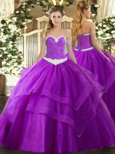  Sleeveless Floor Length Appliques and Ruffled Layers Lace Up Vestidos de Quinceanera with Purple