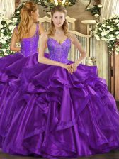 Unique Straps Sleeveless Organza Quinceanera Dresses Beading and Ruffles Lace Up