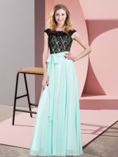 Glittering Sleeveless Chiffon Floor Length Lace Up in Aqua Blue with Lace