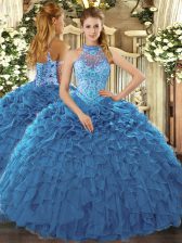 Graceful Teal Sleeveless Floor Length Beading and Ruffles Lace Up Quince Ball Gowns