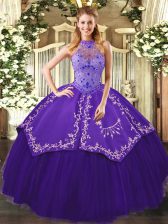 Best Selling Floor Length Purple Sweet 16 Quinceanera Dress Halter Top Sleeveless Lace Up