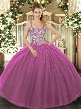 Popular Purple Ball Gowns Tulle Straps Sleeveless Beading and Appliques Floor Length Lace Up Quinceanera Gown