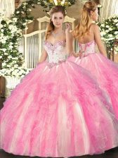  Rose Pink Ball Gowns Sweetheart Sleeveless Tulle Floor Length Lace Up Beading and Ruffles 15 Quinceanera Dress