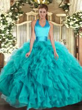  Turquoise Sleeveless Floor Length Ruffles Lace Up Quince Ball Gowns