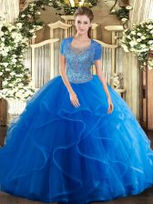 Custom Design Royal Blue Ball Gowns Tulle Scoop Sleeveless Beading and Ruffles Floor Length Clasp Handle Quinceanera Gowns