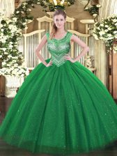  Scoop Sleeveless Lace Up Quinceanera Gowns Dark Green Tulle