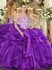  Eggplant Purple Lace Up Straps Beading and Appliques and Ruffles Quinceanera Gown Organza Sleeveless