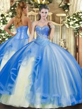 Simple Sweetheart Sleeveless Tulle 15th Birthday Dress Beading and Ruffles Lace Up