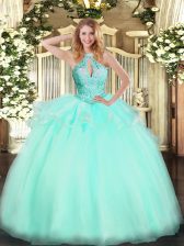 Eye-catching Halter Top Sleeveless Vestidos de Quinceanera Floor Length Beading Aqua Blue Tulle