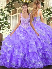 Inexpensive Straps Sleeveless 15 Quinceanera Dress Floor Length Beading and Ruffled Layers Lavender Organza