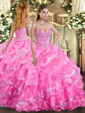 Extravagant Sleeveless Floor Length Embroidery and Ruffled Layers Lace Up Quinceanera Gowns with Rose Pink 