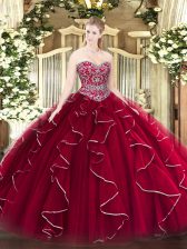 Edgy Wine Red Sleeveless Beading and Ruffles Floor Length Sweet 16 Quinceanera Dress